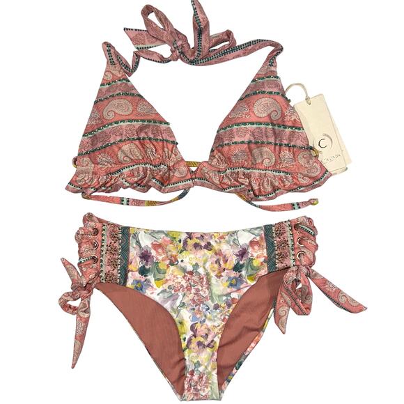 NWT Cosita Linda Embroidered Beaded Ruffle Triangle Top & Bottom Bikini Size M - Picture 2 of 16